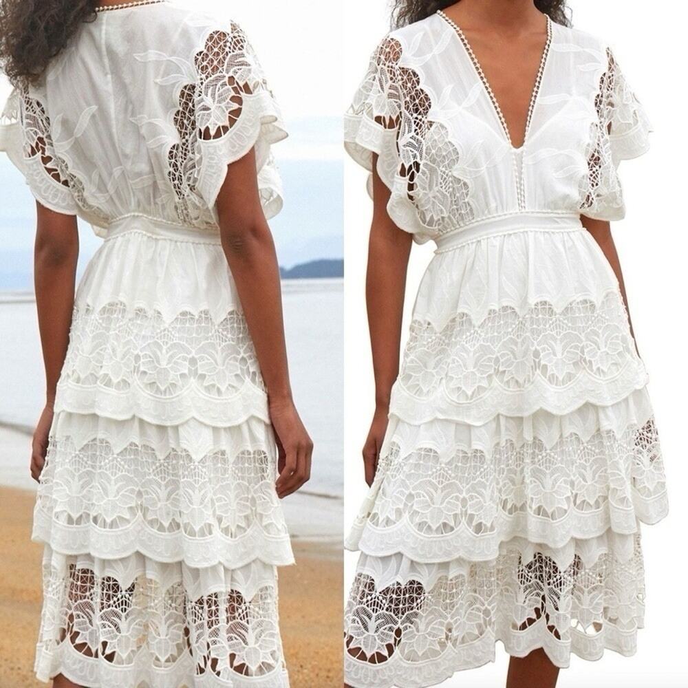 FARM Rio Richelieu Tiered Lace Midi Dress XL White Cotton Boho Embroidered - Picture 2 of 9